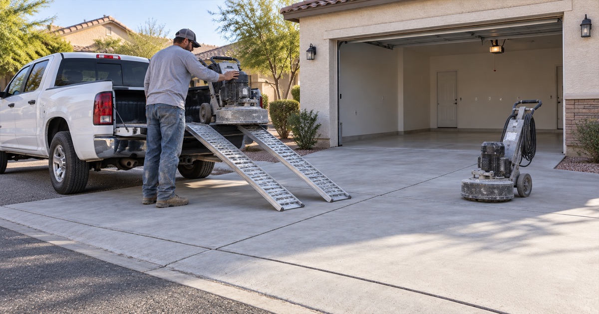 An applicator presses a wide push-broom head down a freshly coated sloped driveway that runs from the garage threshold to the street apron.