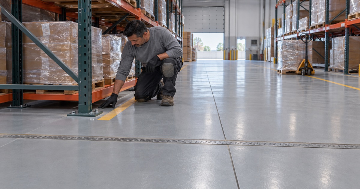 An installer kneels beside a pallet rack on a Fontana warehouse floor, satin epoxy running to a striped aisle edge.