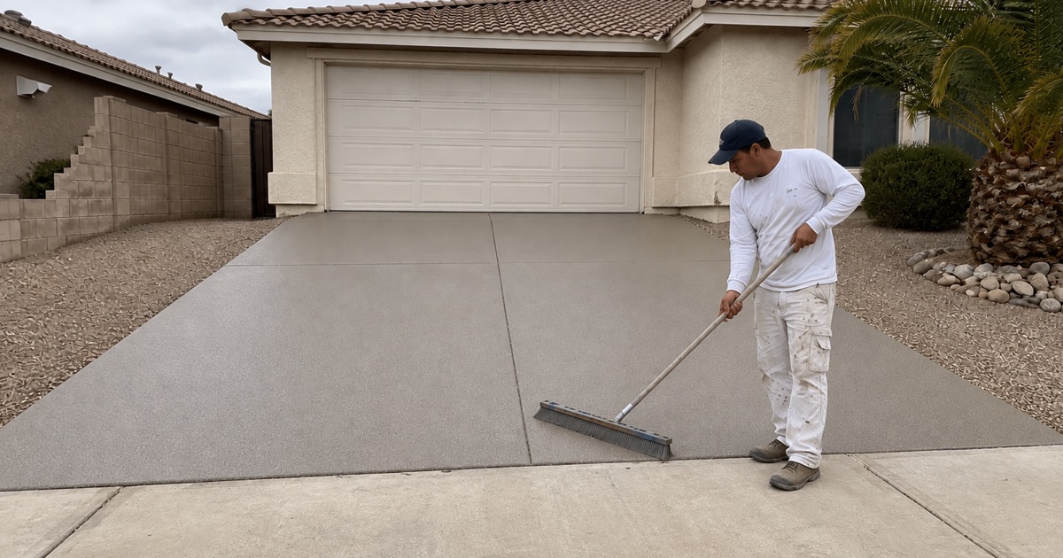 A finisher kneels with a flat palm on a sand-colored textured pool deck coating at the bullnose coping curb.