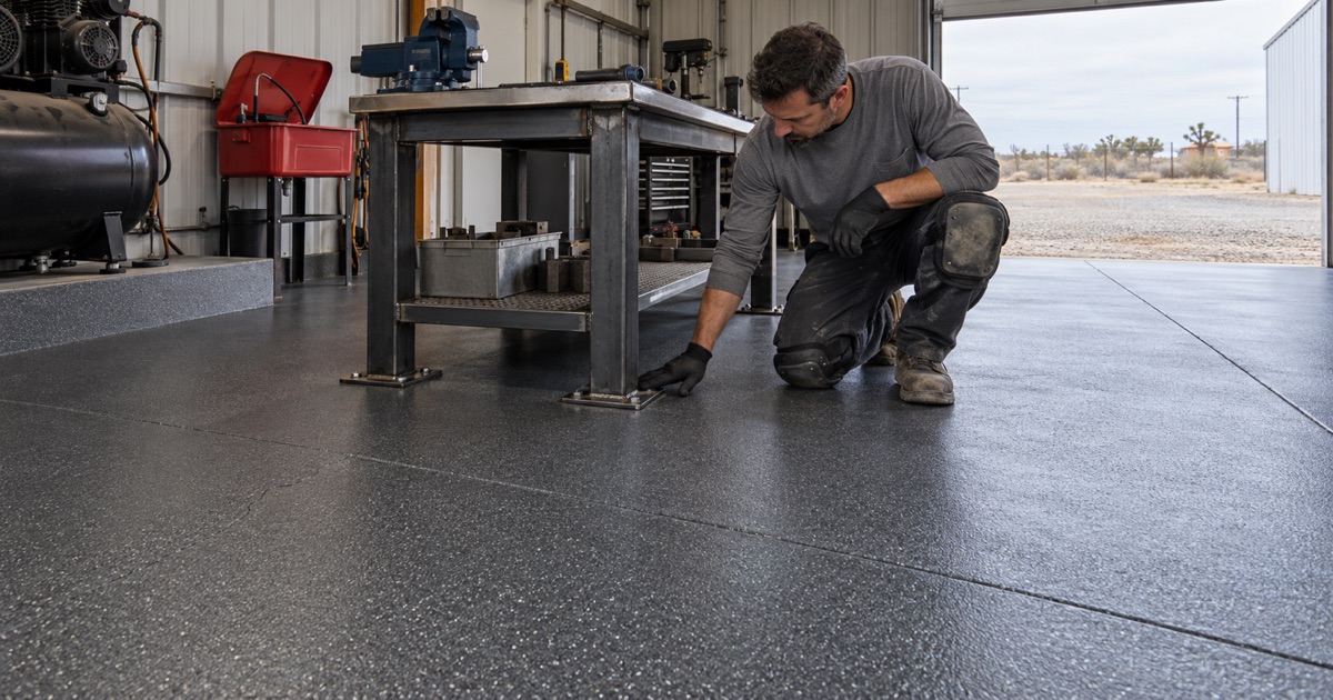 An installer checks the coated slab at a workbench leg inside a Hesperia shop building with a wide open roll-up bay.