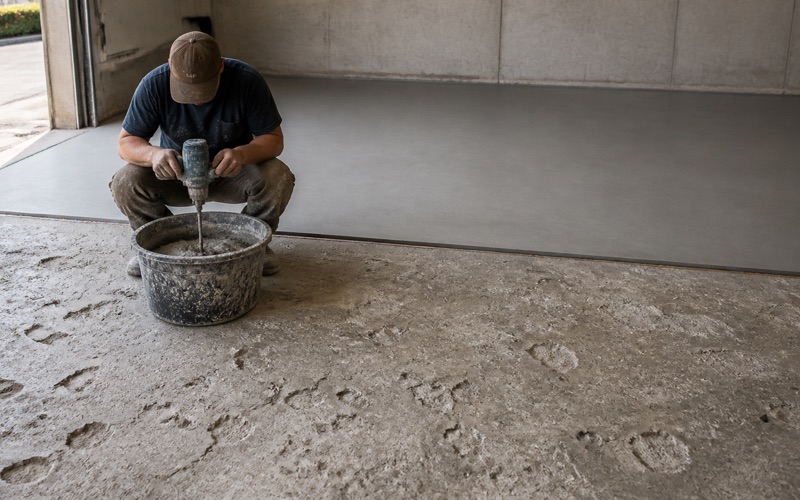 A kneeling installer back-rolls a glossy clear polyaspartic topcoat over a flake garage floor that continues out to the driveway apron.