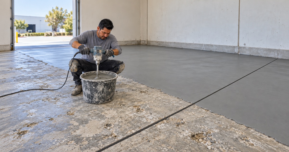 An installer kneels to work base coat toward the wall junction of a 1980s Moreno Valley two-car garage emptied for the job.