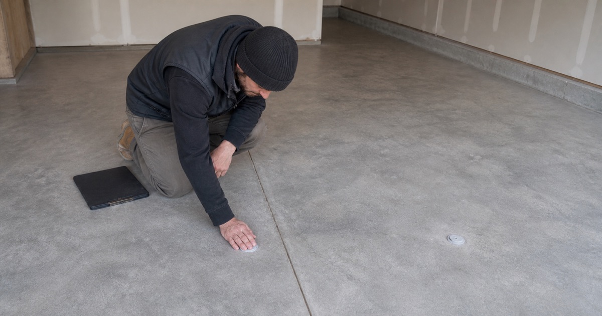 A crew member slides a walk-behind grinder off a truck tailgate onto a residential driveway outside an open garage bay.