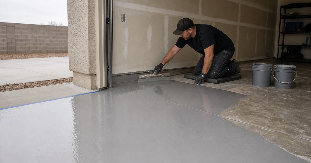 Base coat being pulled out along the wall of an open two-car garage in a Beaumont master-planned tract, stopping in a clean line at the door threshold.