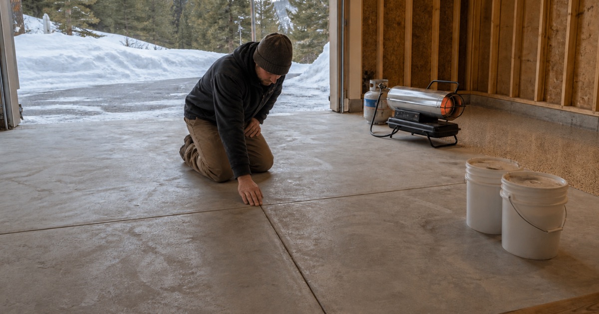 A worker braces a hand on a pallet-rack base plate in an emptied warehouse where a yellow striped aisle edge crosses a filled saw-cut joint.