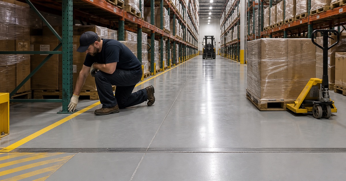 A worker examines the coating around a rack upright on a Colton warehouse floor, where an armored expansion joint crosses the bay.