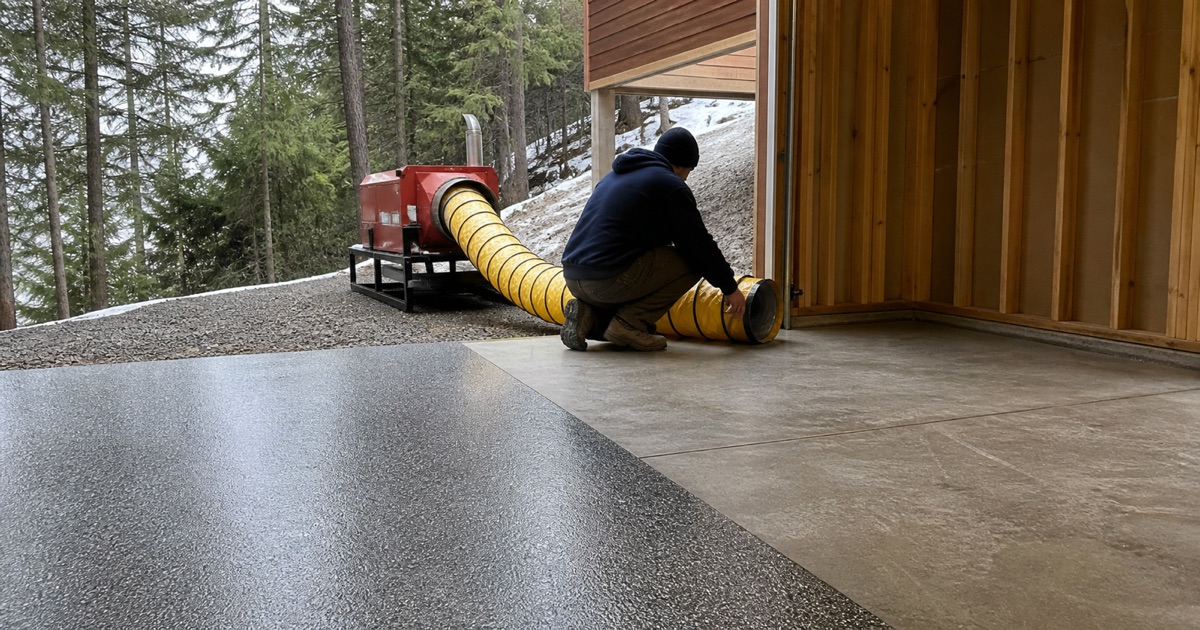 An installer directs heat onto the cold slab of a detached Lake Arrowhead cabin garage before coating the second half.