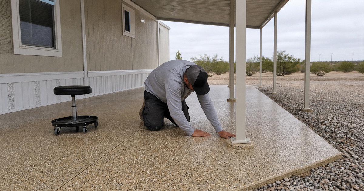 A coated carport slab beside a Lakeview manufactured home, open on three sides, with a worker checking the finish at a post base.