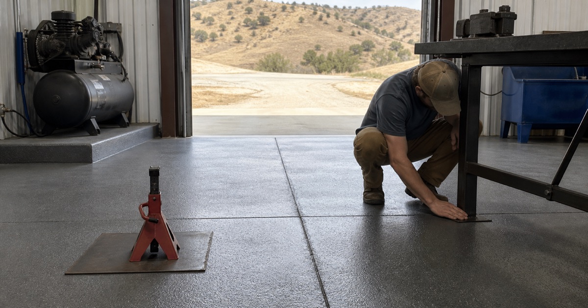 A freestanding Nuevo shop bay with its roll-up door open, dark quartz-broadcast coating running to the threshold.