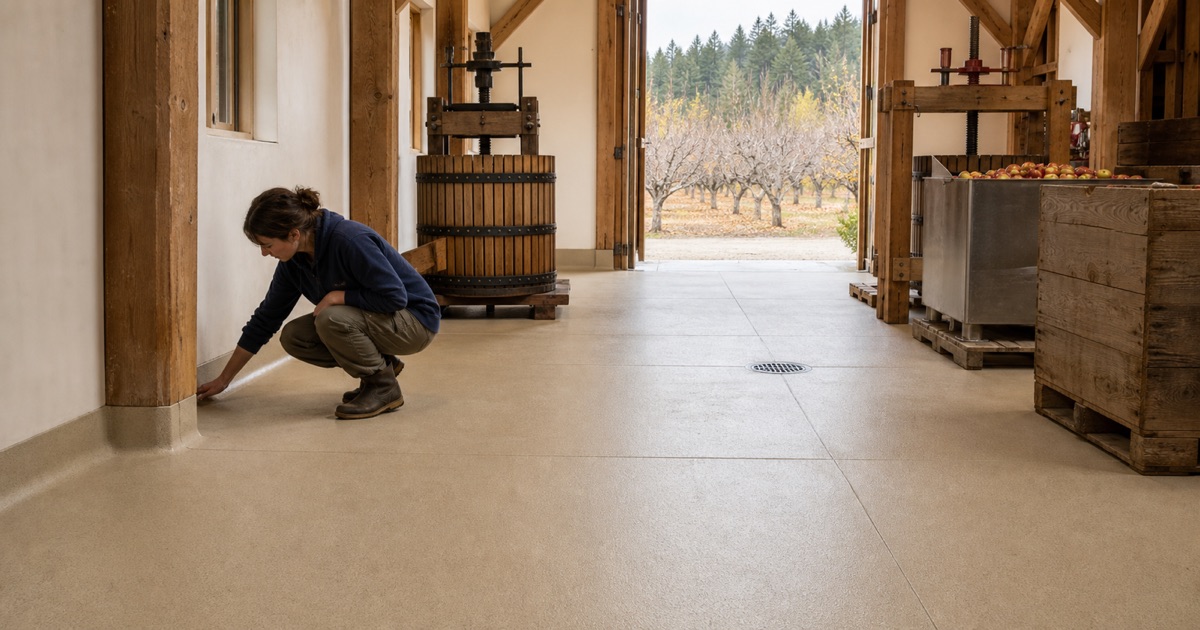 A worker rests a hand on a timber post under a pine-shaded cabin understory, where a coated parking slab stops at a post base and an open slab perimeter.