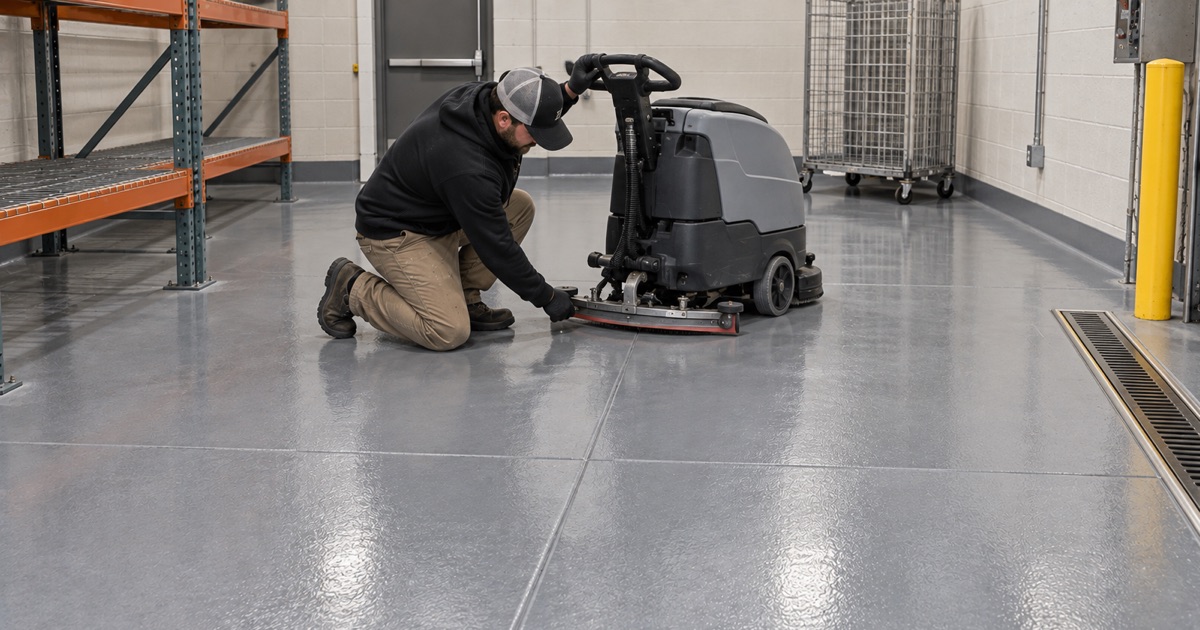 An estimator kneels on a bare swept garage slab seating a cap into a drilled relative humidity test sleeve.
