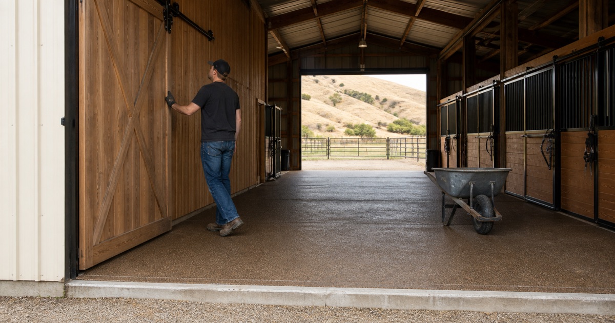 A worker lifts the bottom rail of a roll-up door on a gated-community garage with a blue-gray flake floor running from threshold to apron.