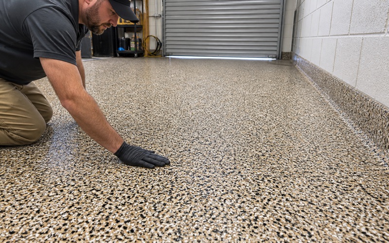 A kneeling applicator draws a spiked roller through a wet metallic epoxy pour marbled in pewter, charcoal and copper.