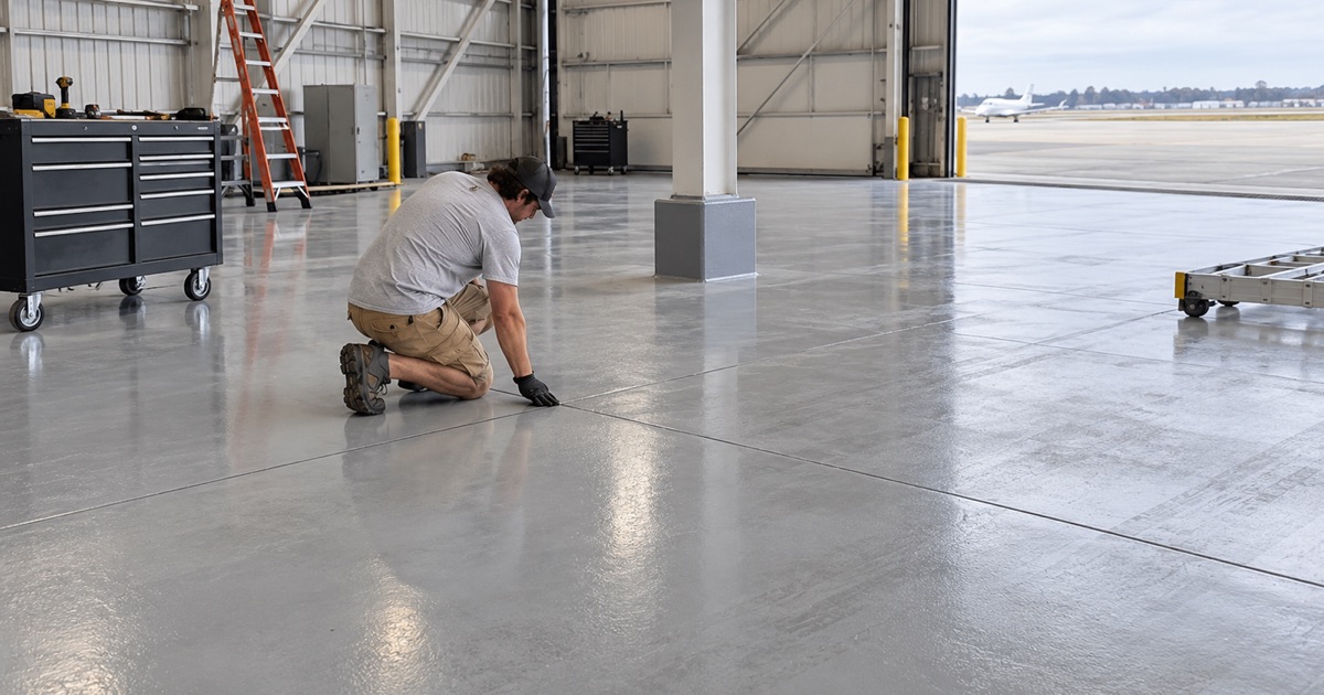 A worker kneels beside a parked floor scrubber on a satin gray coated stockroom floor, where the coating rises into a coved base and ends at a trench drain.