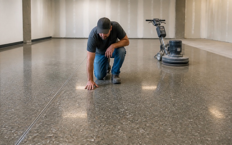 An applicator pulls a wide squeegee of wet gray epoxy base coat across a garage slab toward the roll-up door threshold.