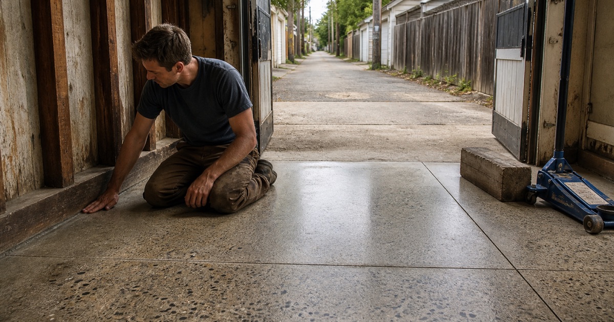 A worker slides a barn door along its track above a matte coated stable aisle that ends at the barn door threshold and a formed slab edge.