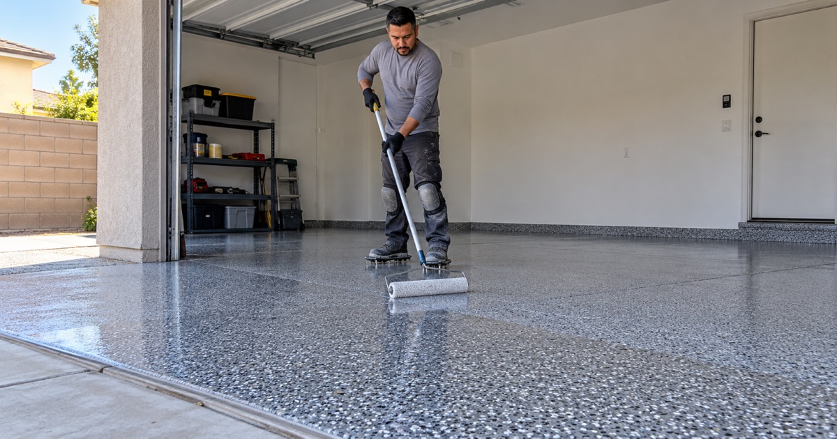 Light gray epoxy coating on a Jurupa Valley distribution slab, filled saw-cut joints crossing the aisle beside a parked forklift far off.