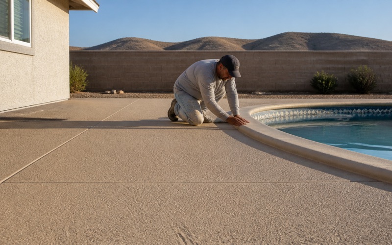 An installer sweeps a gloved hand flat across a dense tan, black and white flake floor that curves up into a coved base at the wall.