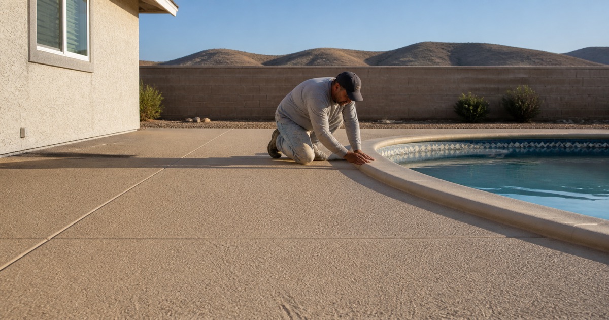 An installer sweeps a gloved hand flat across a dense tan, black and white flake floor that curves up into a coved base at the wall.