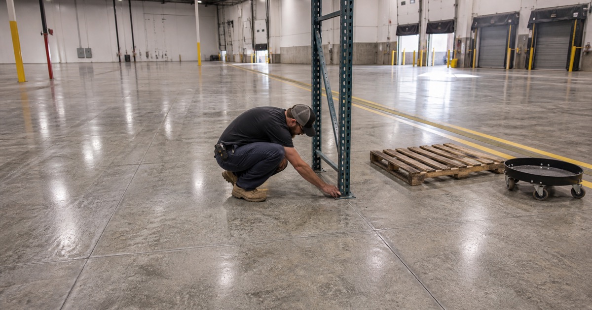 A crouching worker rests one flat palm on a joint in a coated hangar deck that wraps a column base and ends at the hangar door threshold.